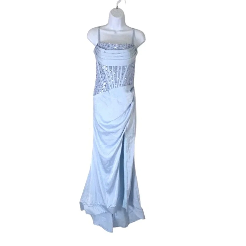 Light Blue Maxi Dress 6 Corset Mermaid Sequins Padded Adjustable Prom Party NWT